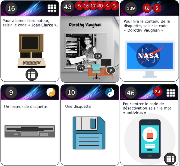 Capture de 6 des cartes du jeu d'évasion Le Chronocrypteur.