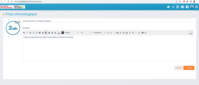 Page de création de la frise avec les paramètres de titre, description et logo.