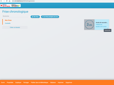 Capture de la page de paramétrage du partage de la frise 