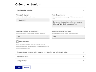 Capture d'écran de la fenêtre de configuration de la réunion : titre, nombre maximum de participants, texte de bienvenue, durée maximum, salle d'attente, gestion des permissions, personnalisation et enregistrement