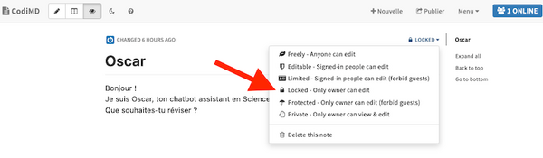 Capture indiquant la localisation des niveaux de visibilité dans CodiMD