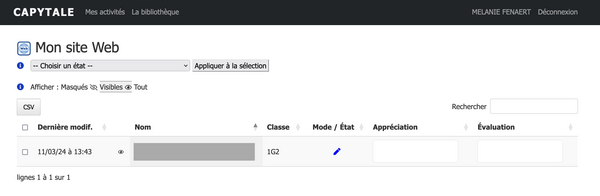 Vue du tableau de bord de l'enseignant