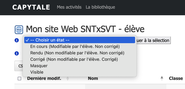 Capture du tableau de bord de l'enseignant, zoom sur la barre de filtrage