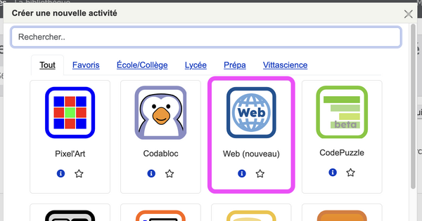 Capture de la fenêtre proposant les différents modules de Capytale.