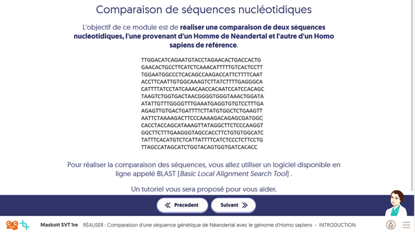 Cette image représente une capture d'écran du module "comparaison de séquence nucléotidiques. On y voit un enchainement de plusieurs lignes de nucléotides. Un assistant, en bas de page, propose des tutoriel et des aides.