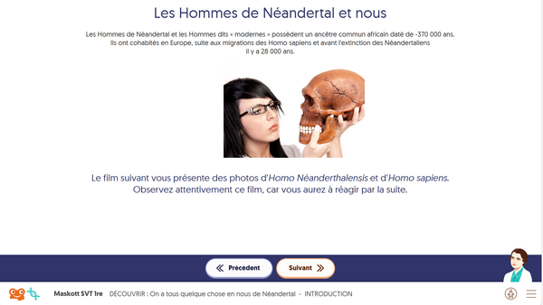Cette image représente une capture d'écran du module "Les hommes de Néendertal et nous". Un assistant, en bas de page, propose des tutoriels et une aide.