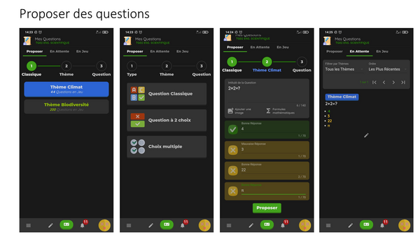 Captures smartphone côté élève : choix du thème, du type de question, rédaction de la question et des propositions de réponse, attente de la validation de l'enseignant.