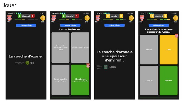 Captures smartphone coté élève : une partie "duel" en cours.