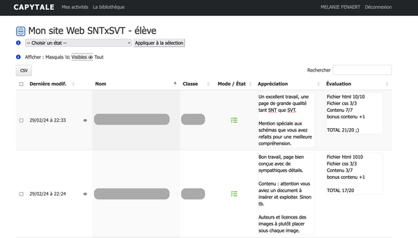 Capture du tableau de bord, avec les appréciations et notes de deux élèves.