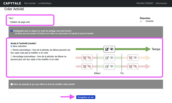 Capture de la page de création