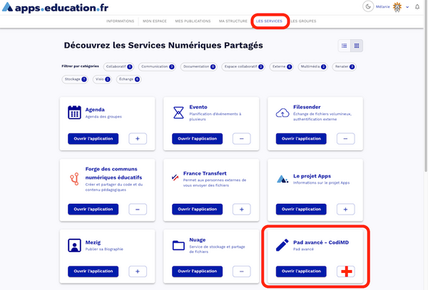 Parmi les applications, Pad avancé CodiMD est encadré en rouge