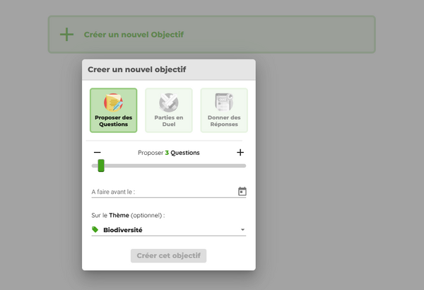 Capture écran ordinateur côté professeur : création d'un nouvel objectif